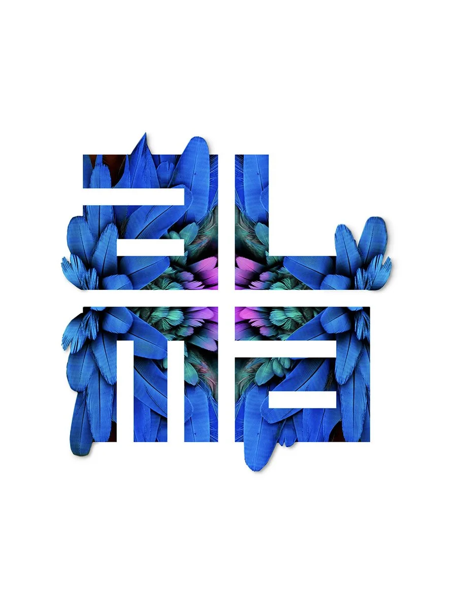 Abstract geometric collage of vibrant blue, teal, and purple feathers on a white background