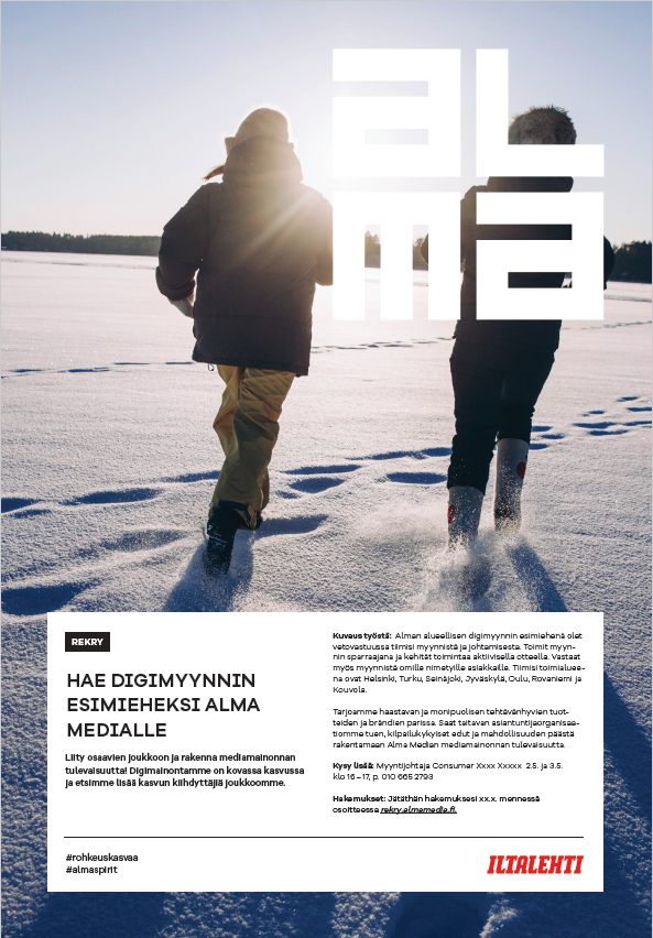 Winter recruitment advertisement showing two people walking through deep snow, with Finnish text and an Iltalehti logo.
