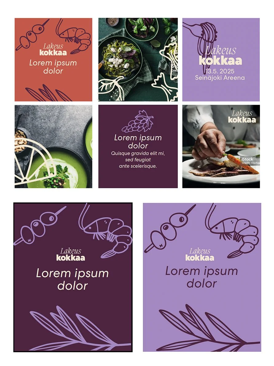 Collage of Lakeus kokkaa food brand designs featuring shrimp illustrations, plated dishes, chef photography, and colorful promotional posters.