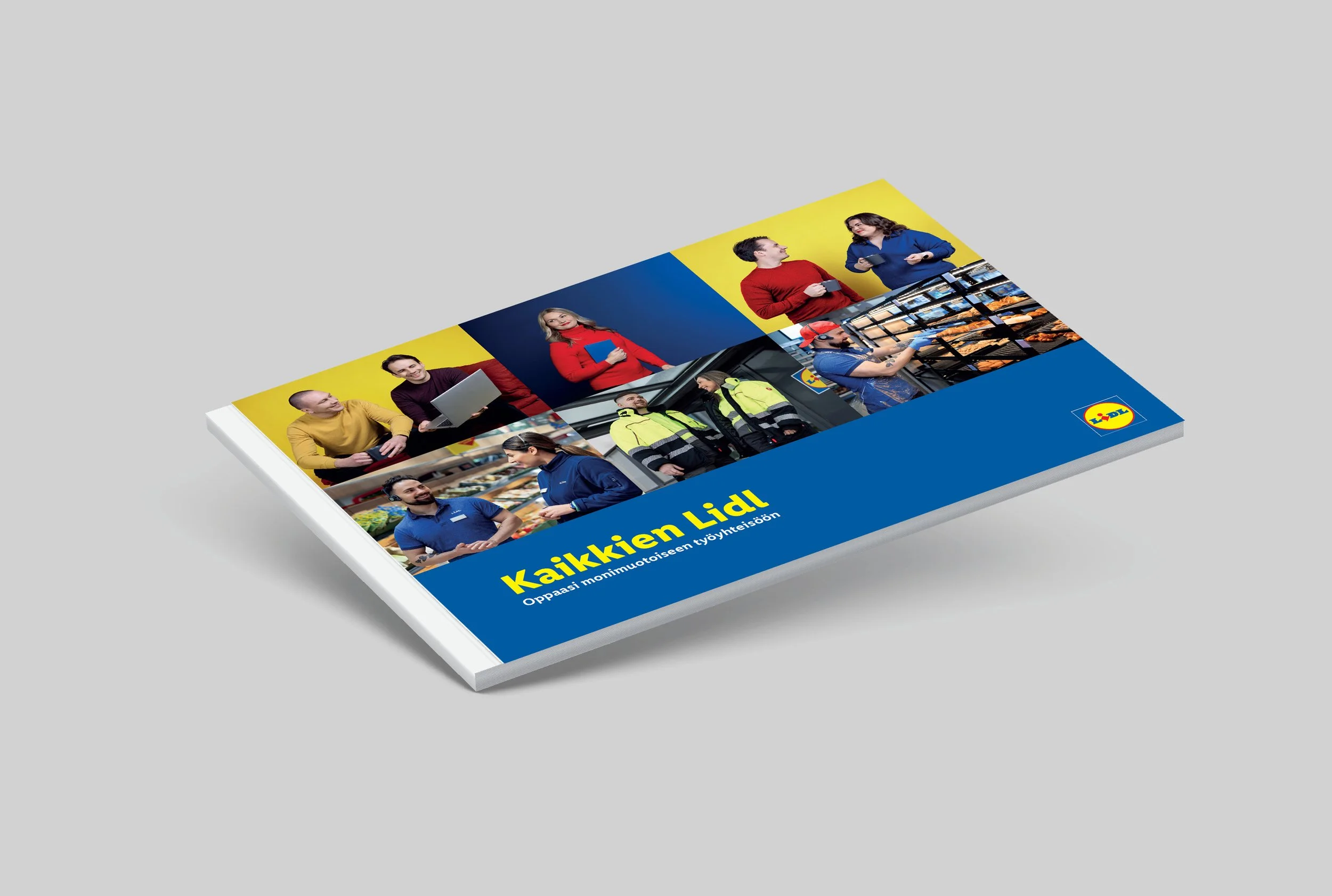 Lidl employee training guide titled “Kaikkien Lidl – Oppaasi monimuotoiseen työyhteisöön,” featuring a collage of diverse employees in retail and workplace settings.