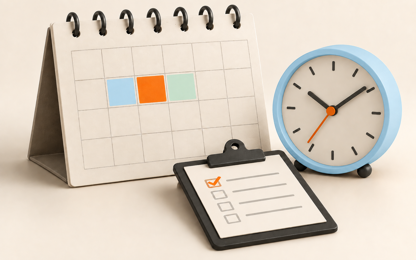 Desk clock showing 2:09, calendar with colored squares, and a checklist on a clipboard.