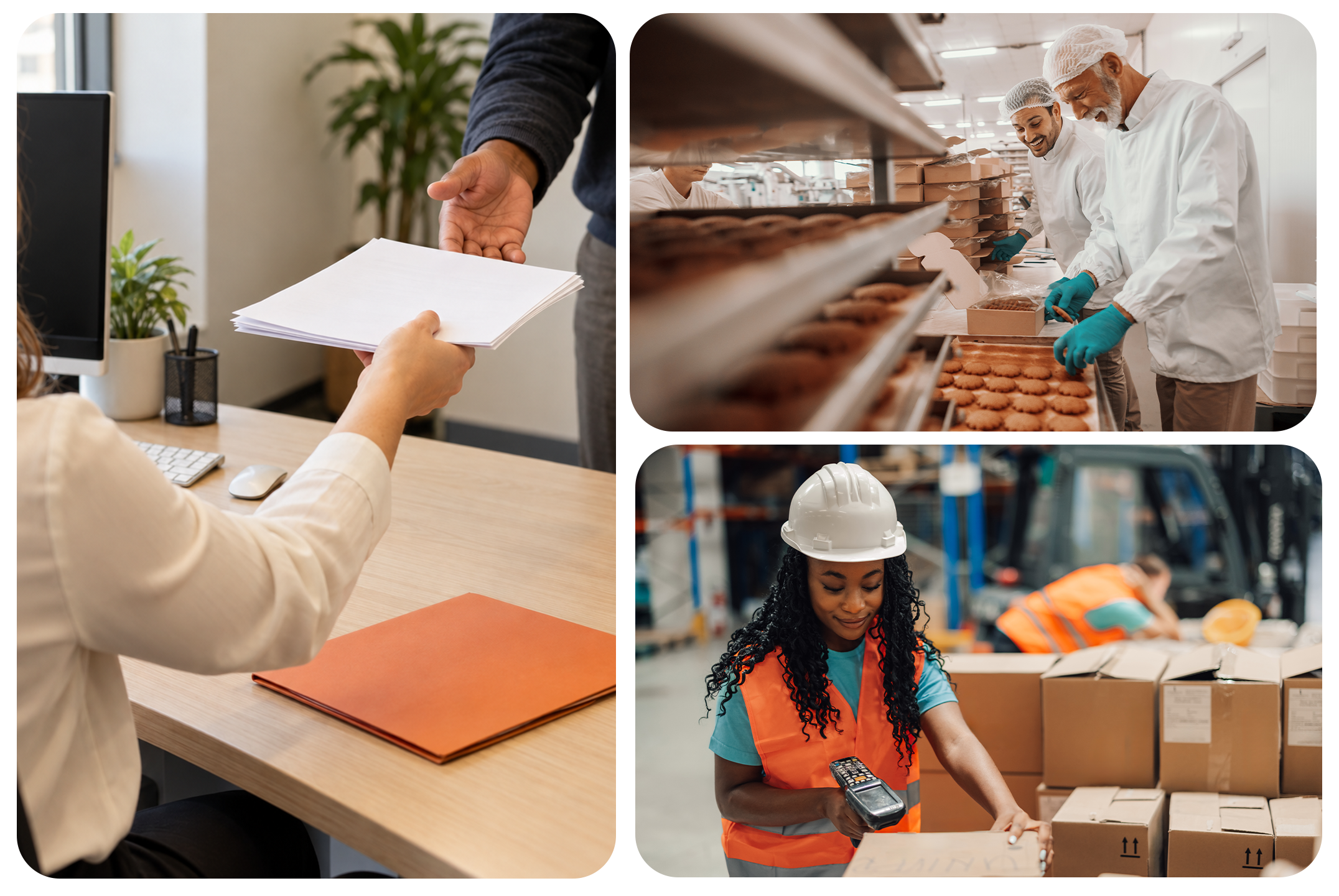 Collage of four images: a person handing a folder with papers to another person at a desk, bakery workers packing cookies in a factory, a woman in safety gear in a warehouse, and a woman in a safety vest using a handheld scanner in a storage area.