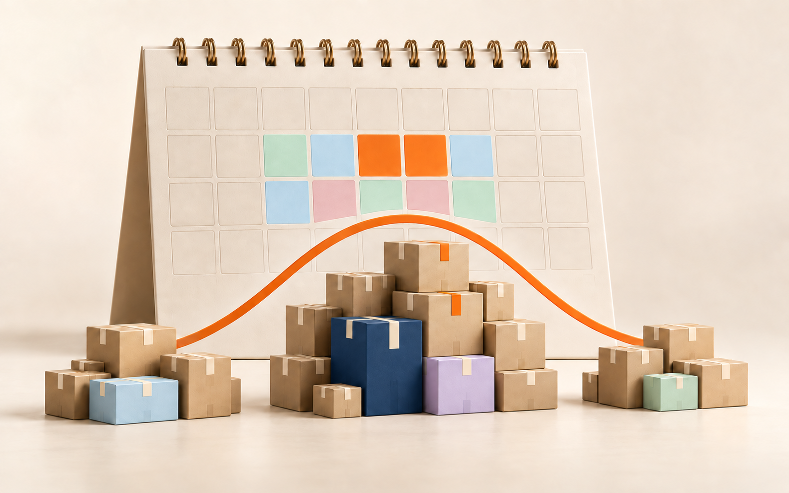 A calendar behind a pyramid of cardboard boxes with colored tape, featuring an orange trend line and a grid of multicolored squares.