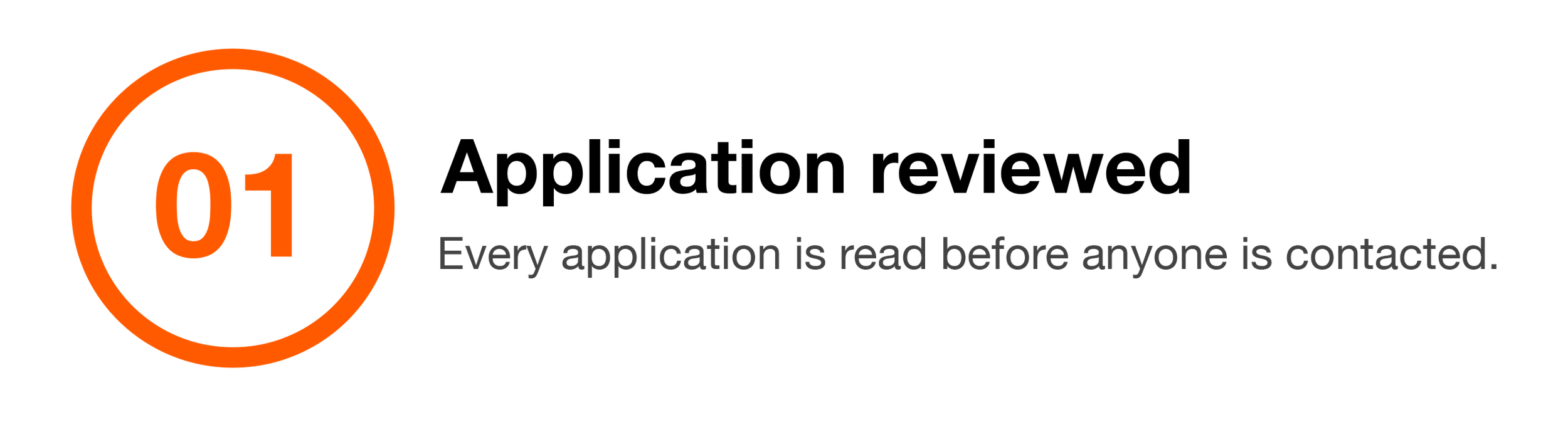 Text stating, '01. Every application is read before anyone is contacted.' with a large orange circle containing the number '01' on a black background.