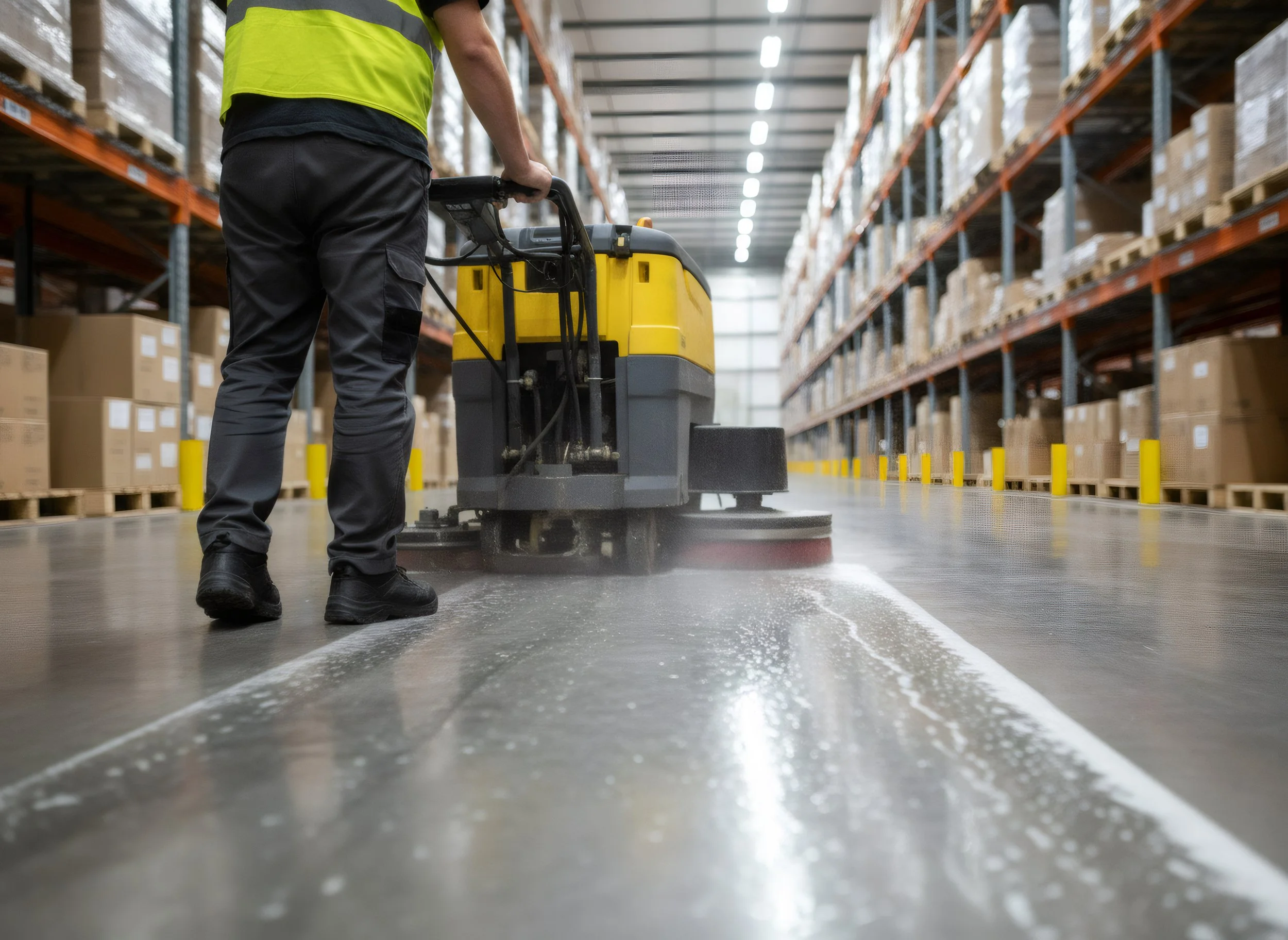 A worker in a warehouse using a floor polishing machine to shine the concrete floor, with shelves of boxes on either side.