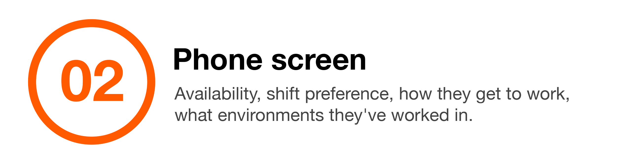 Text that reads "02 - Availability, shift preference, how they get to work, what environments they've worked in." with a large orange circle around the number 02.