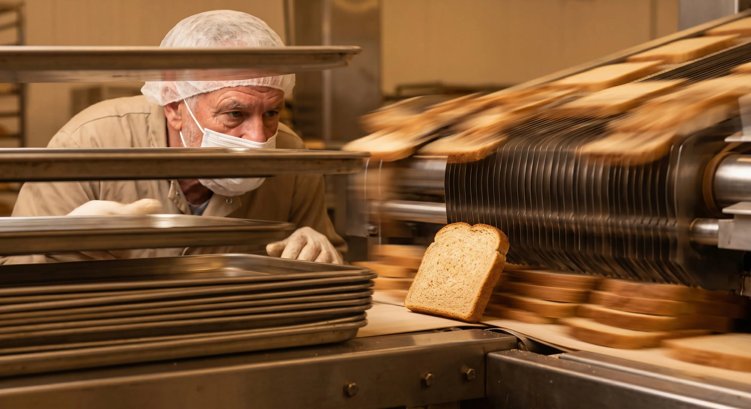 A man wearing a hairnet and face mask peering through a bakery rack as bread slices move along a conveyor in a bakery or food production facility.