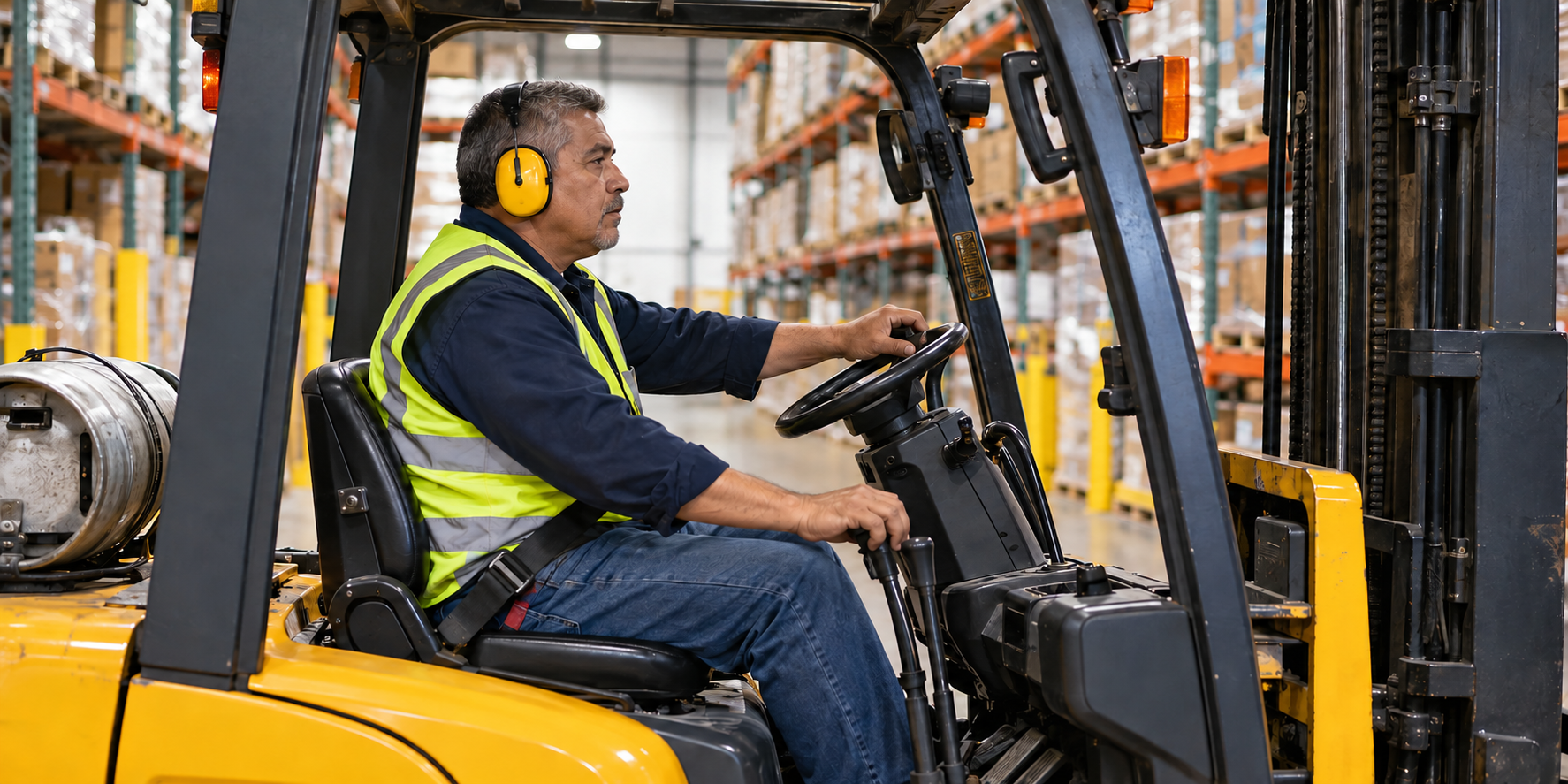 A man operating a yellow forklift in a warehouse, wearing a high-visibility vest and yellow hearing protection.