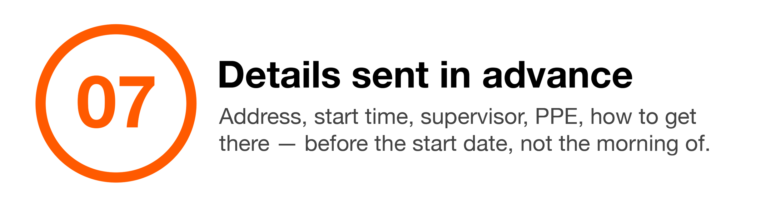 Instruction graphic with orange and black design, providing steps for accessing a location, including address, start time, supervisor, PPE, and how to get there, emphasizing to arrive before the start date in the morning.