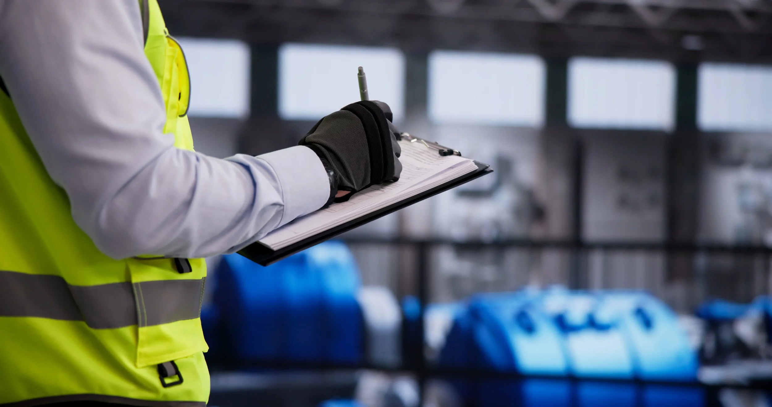 A person wearing a high-visibility yellow safety vest and black gloves holding a clipboard with papers and a pen, in an industrial setting with shelves and storage containers in the background.