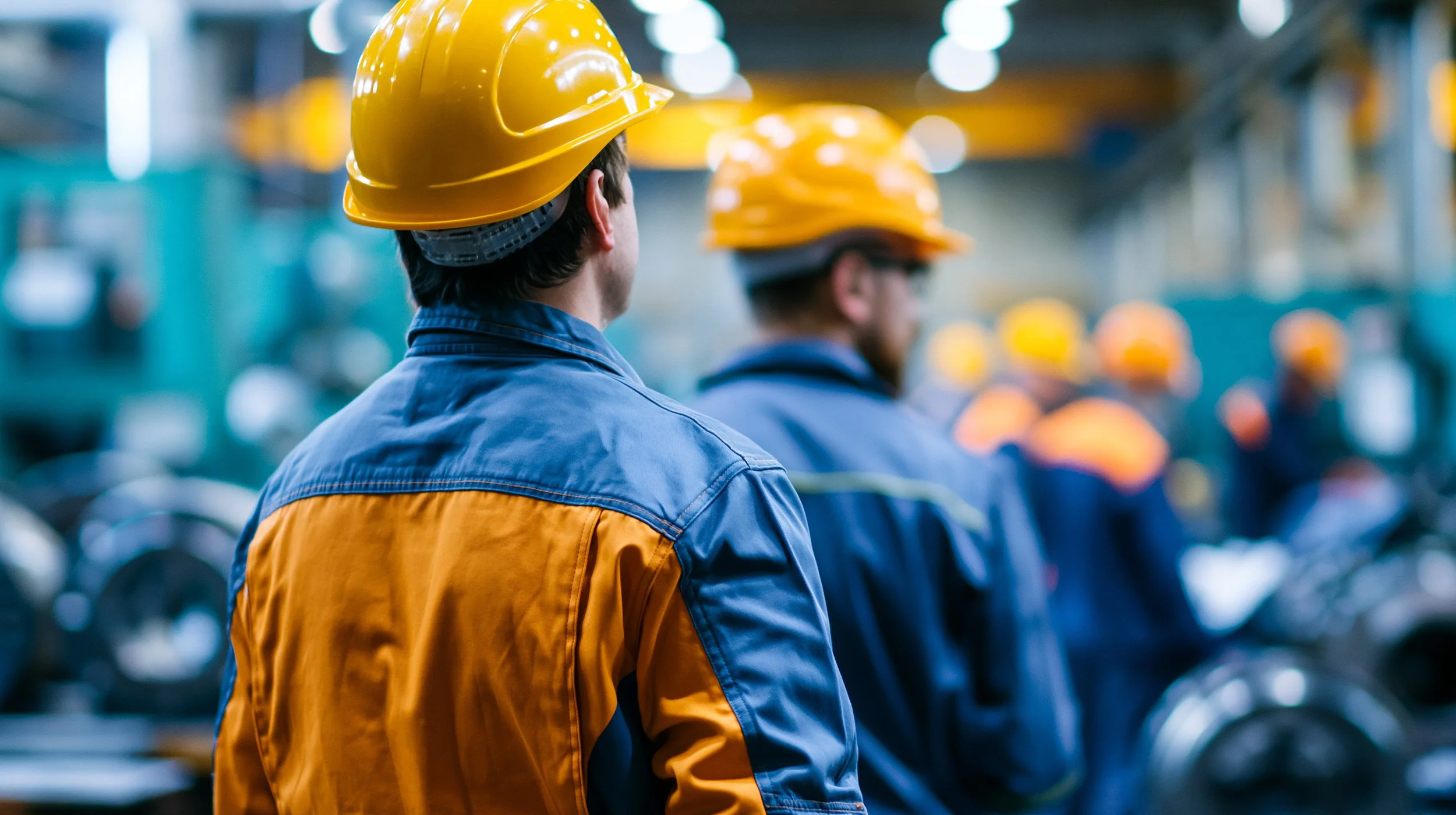 Workers wearing yellow safety helmets and blue uniforms in an industrial setting.