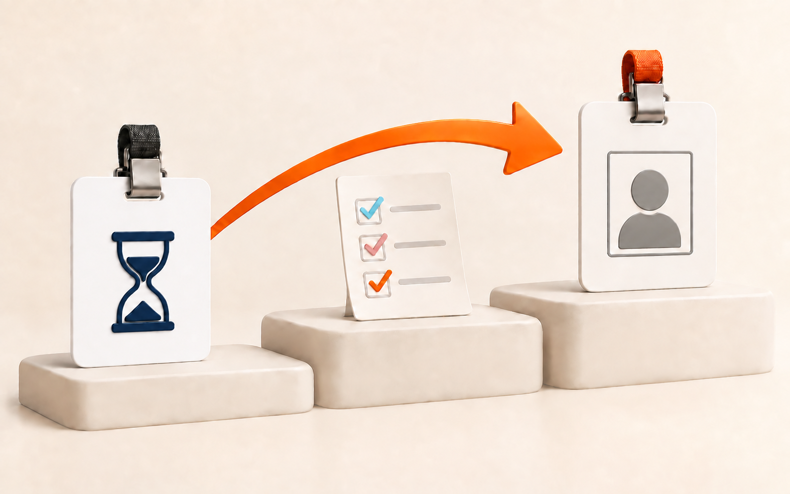 Icons on blocks showing process from hourglass to user profile, with a checklist and an arrow indicating progress or transition.