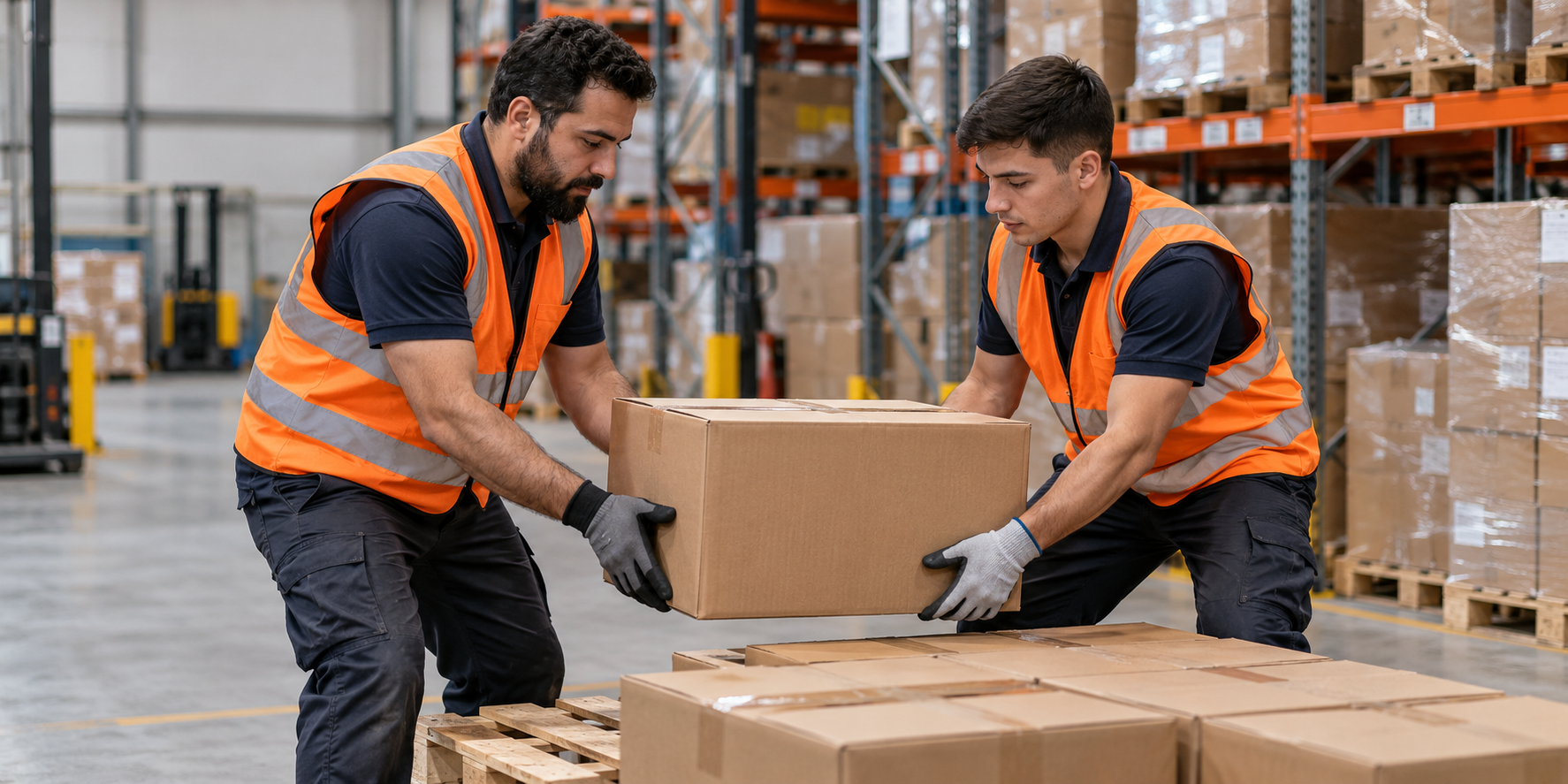 Two warehouse workers in orange safety vests and gloves lifting a cardboard box together in a large storage facility with shelves of boxes in the background.
