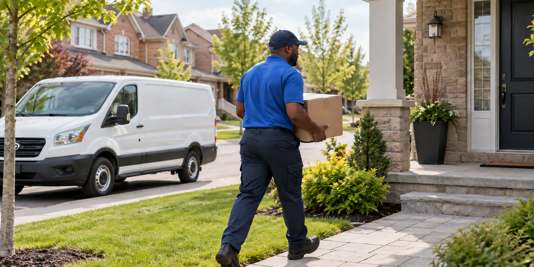 A delivery person in a blue shirt and dark pants walking up the front steps of a house, carrying a cardboard box. There is a white delivery van parked on the street, with a suburban neighborhood background. The house has a stone facade, porch, and potted plants near the entrance.