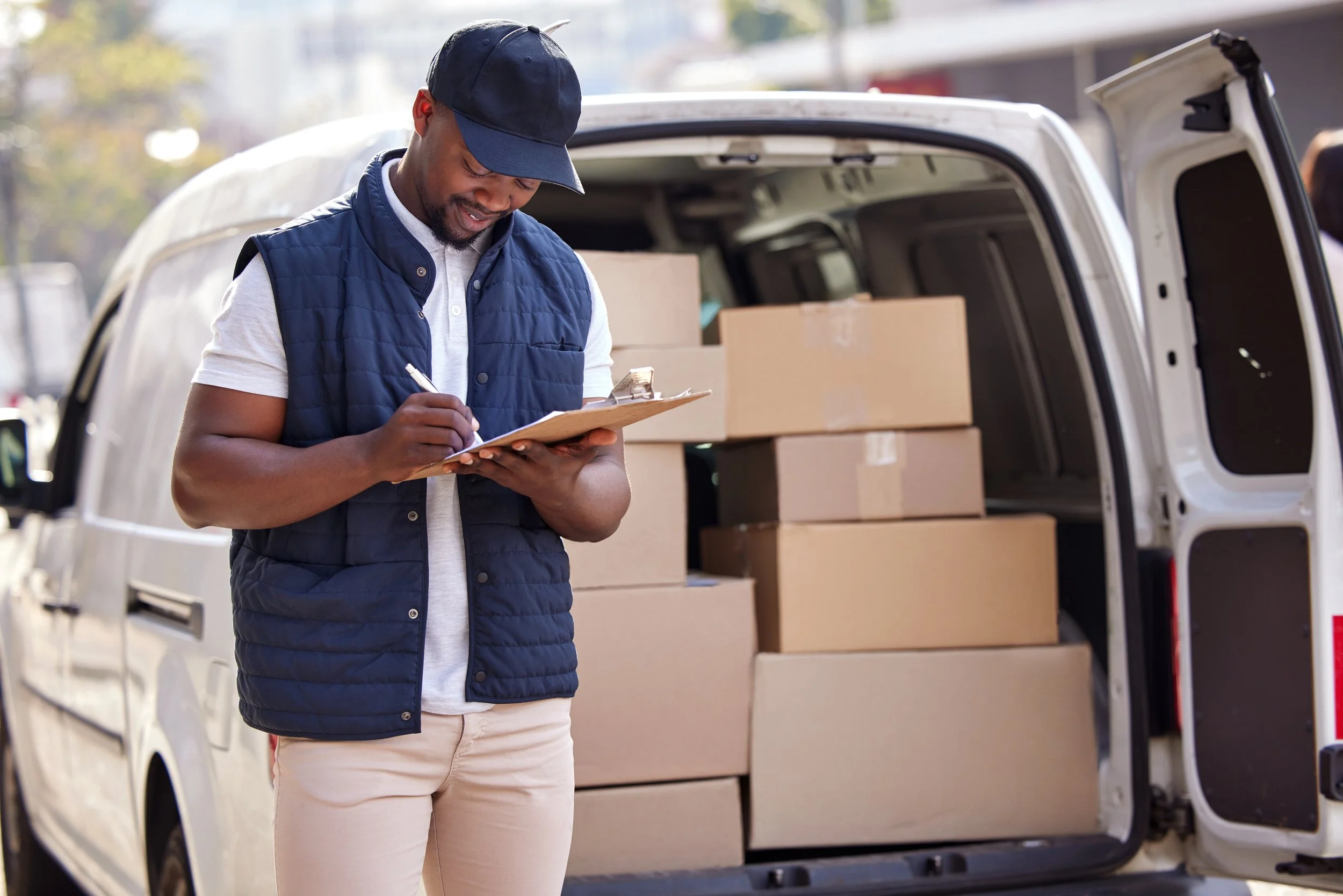 A man in a blue vest and beige pants writes on a clipboard outside a white van filled with boxes. The van door is open, and the background is blurred with trees and buildings.
