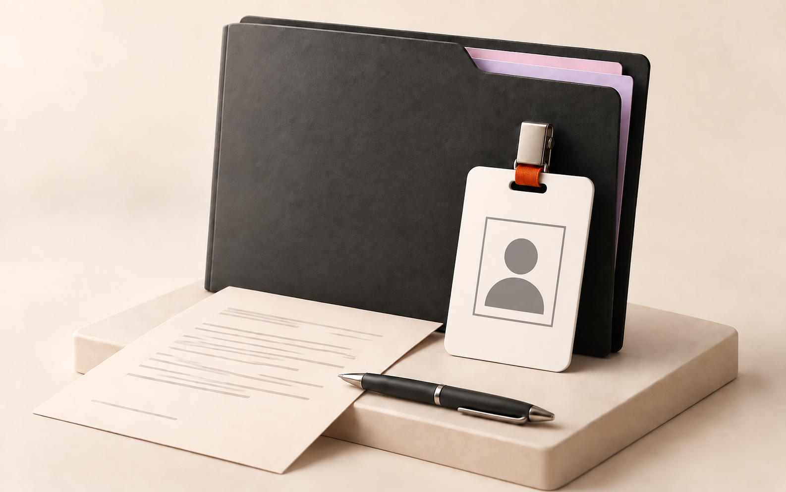 A black folder with pink tabs, a printed document, a silver pen, a white badge with a phone icon, and a gray clip with a red strap on a beige surface.