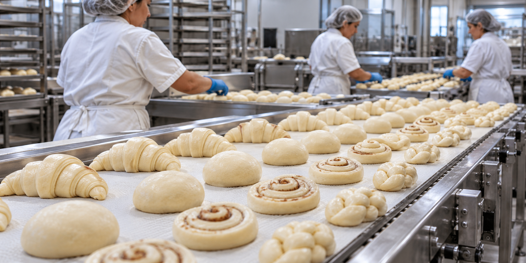 Bakery workers in white uniforms and hairnets processing baked goods like croissants and cinnamon rolls on a conveyor belt in a commercial bakery.