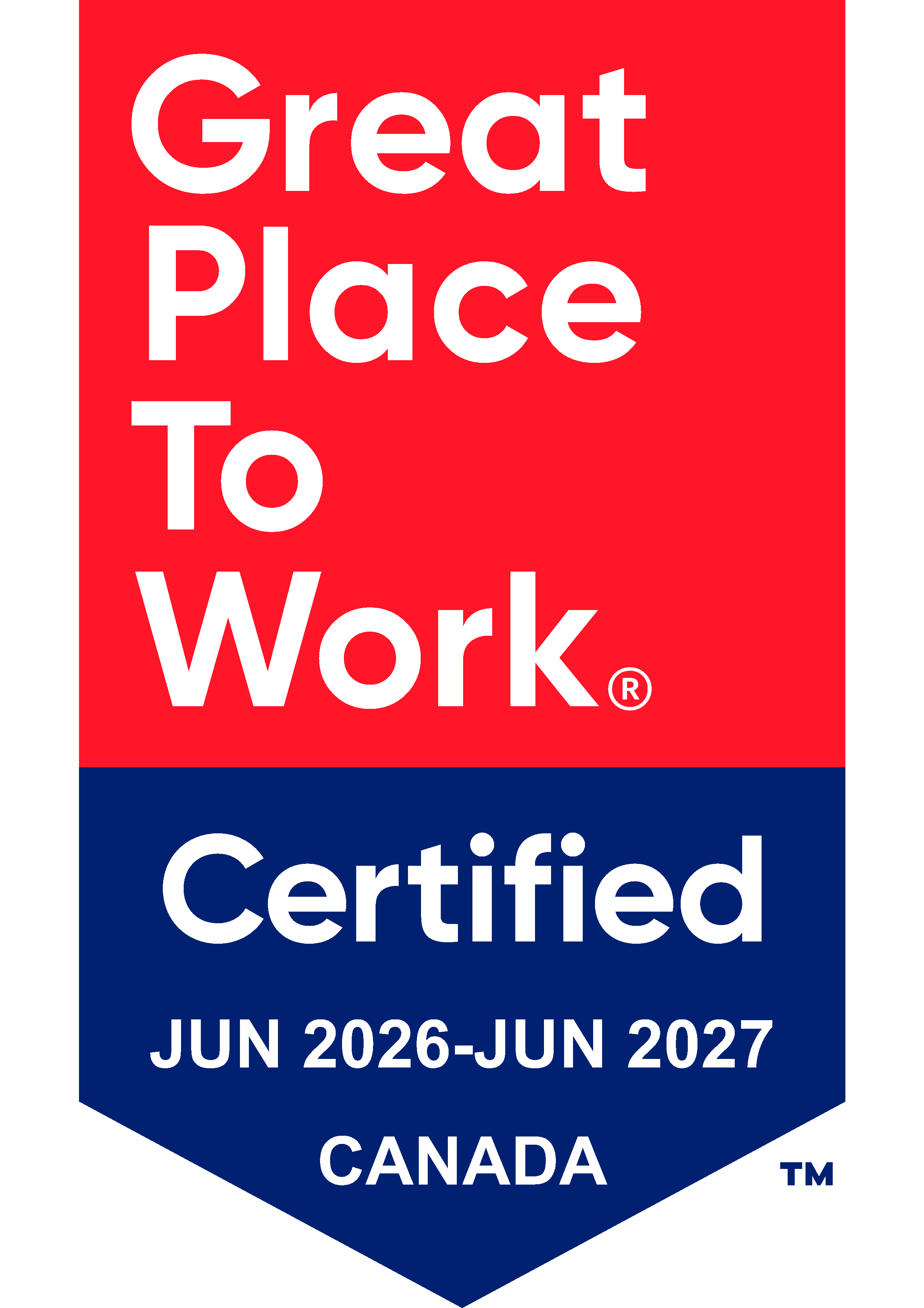 A certificate with red, white, and blue colors, stating it is 'Great Place to Work,' valid from June 2026 to June 2027, issued in Canada.