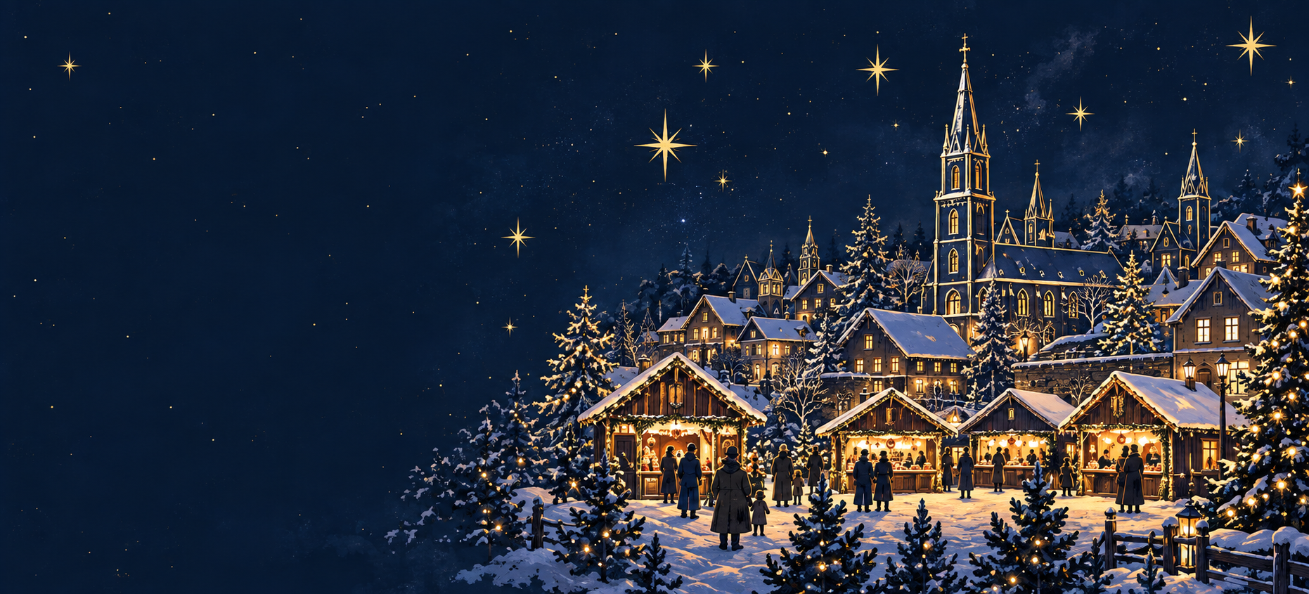 Weihnachtsmarkt in einem verschneiten Dorf bei Nacht, mit festlich beleuchteten Ständen, Menschen in Winterkleidung, umgeben von Tannenbäumen, im Hintergrund eine große Kirche mit mehreren Türmen und hell leuchtenden Sternen am Himmel.