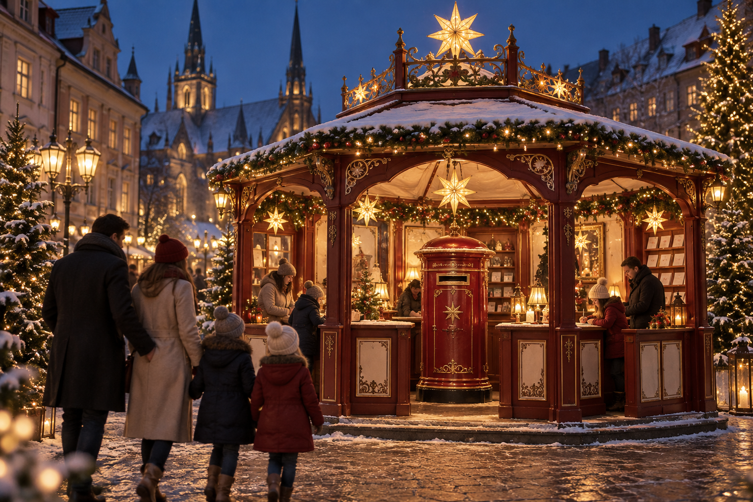 Weihnachtsmarkt mit festlich geschmückter Holly-Jolly-Hütte, Weihnachtsbäumen und Lichtern bei Schneefall in einer Stadt bei Nacht.