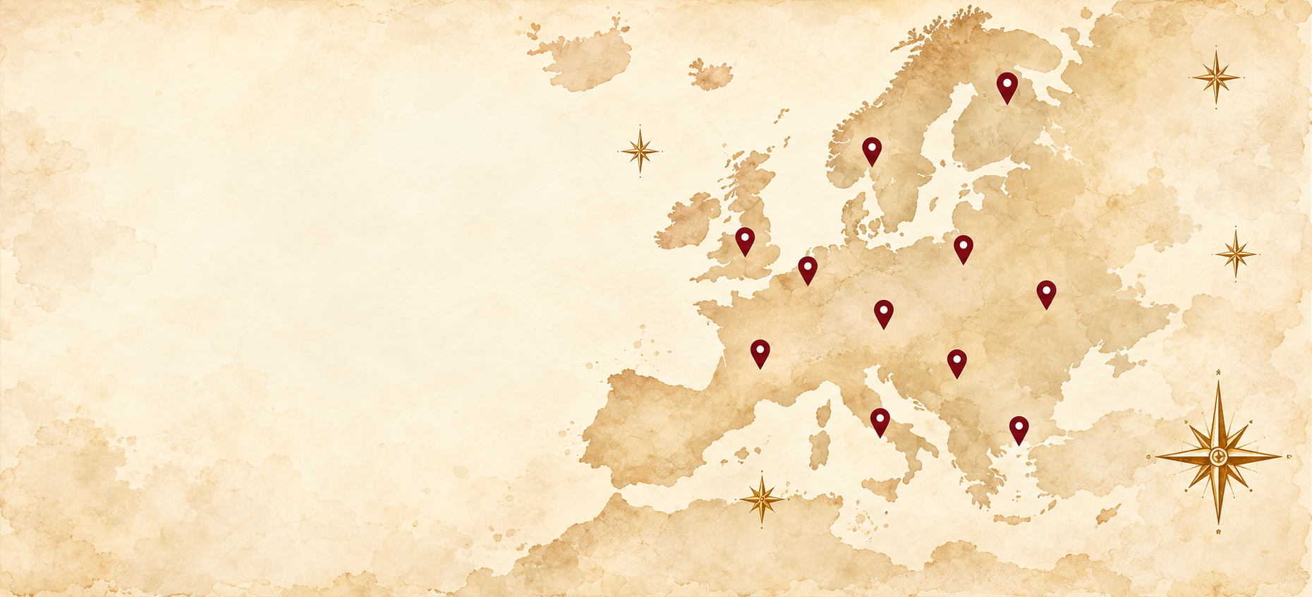 Eine alte, gekritzelte Landkarte Europas mit mehreren roten Standortmarkierungen und dekorativen Compaspin-Sternen auf einem beige, wasserfarbenähnlichen Hintergrund.