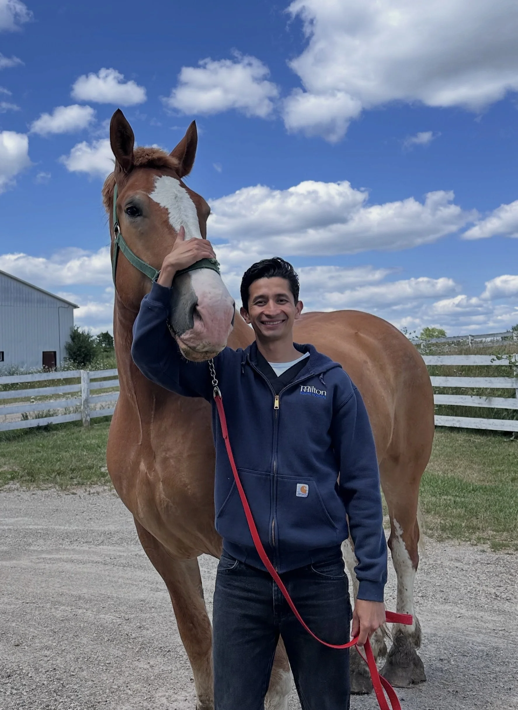 A man standing next to a large brown and white horse with a white blaze on its face, holding the horse's nose with his hand, outdoors on a farm with a white fence and a barn in the background, under a partly cloudy sky.