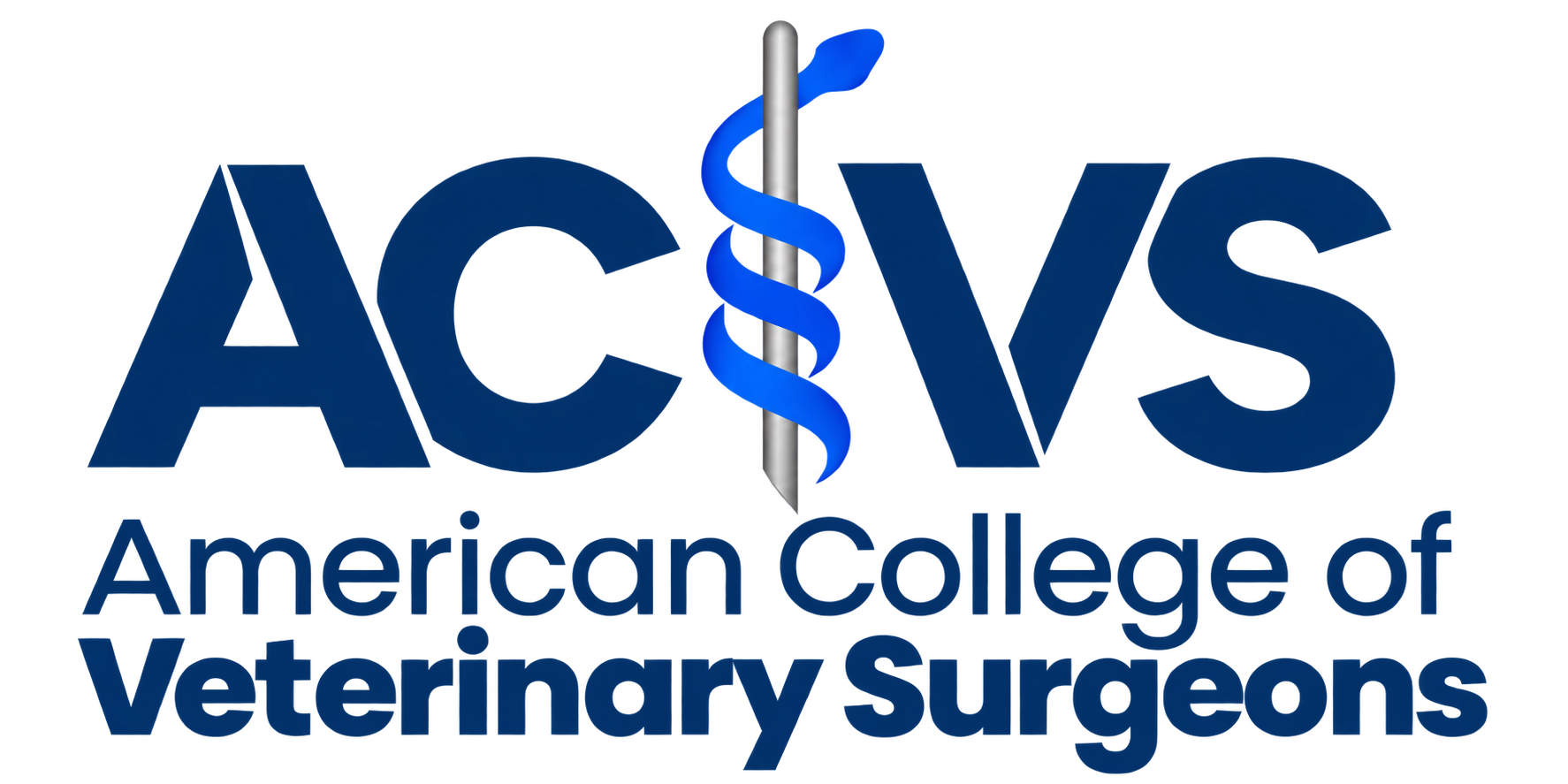 Logo of the American College of Veterinary Surgeons, featuring a blue caduceus symbol with a snake wrapped around a staff, and the organization's name in blue text.