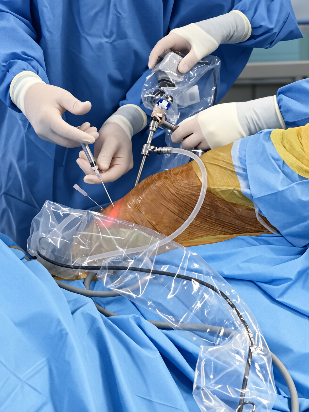 Medical professionals in blue scrubs and gloves performing surgery on a patient's knee, using surgical tools and equipment.