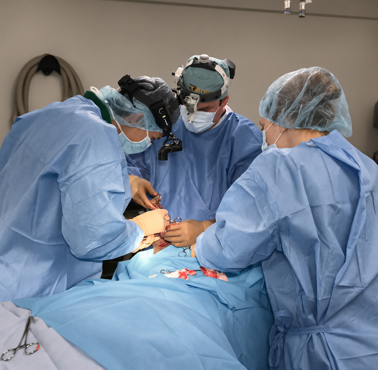 Medical team performing surgery in an operating room, dressed in blue scrubs, masks, and gloves, focused on an operation.