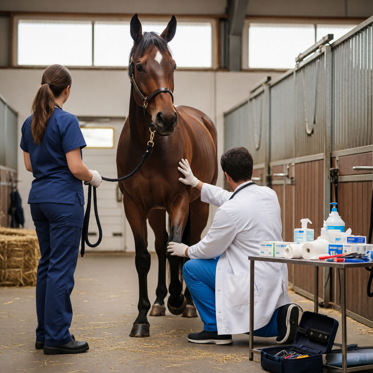 A veterinarian and a veterinary technician examining a brown horse in a stable with medical supplies nearby.