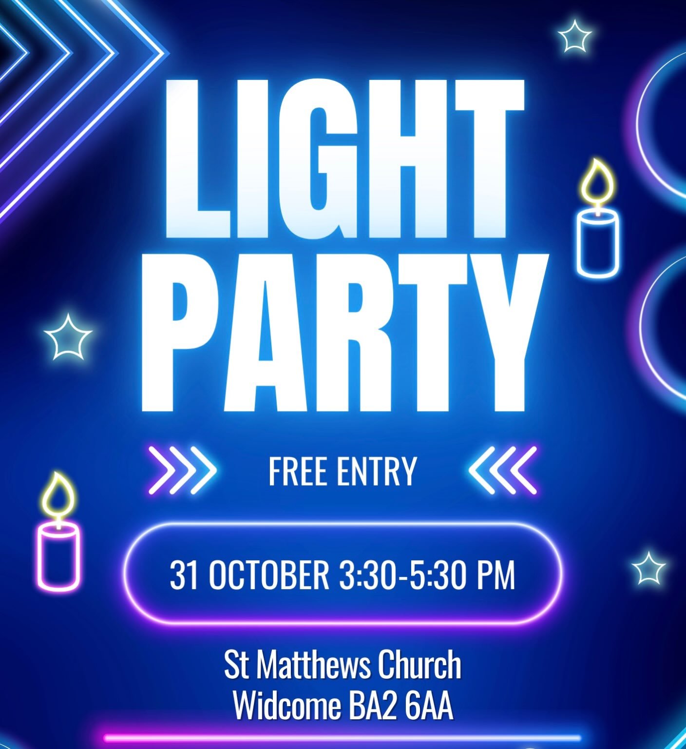 So excited to be having a light party this year! Aimed at primary school and under aged kids, there will be face painting, a glow stick disco, craft activities, and a treasure hunt! Join us 3:30-5:30 in St Matthew&rsquo;s Church dressed up in your be