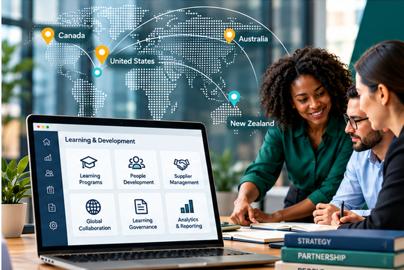 Illustration of enterprise learning operations featuring a learning and development dashboard on a laptop alongside professionals collaborating.