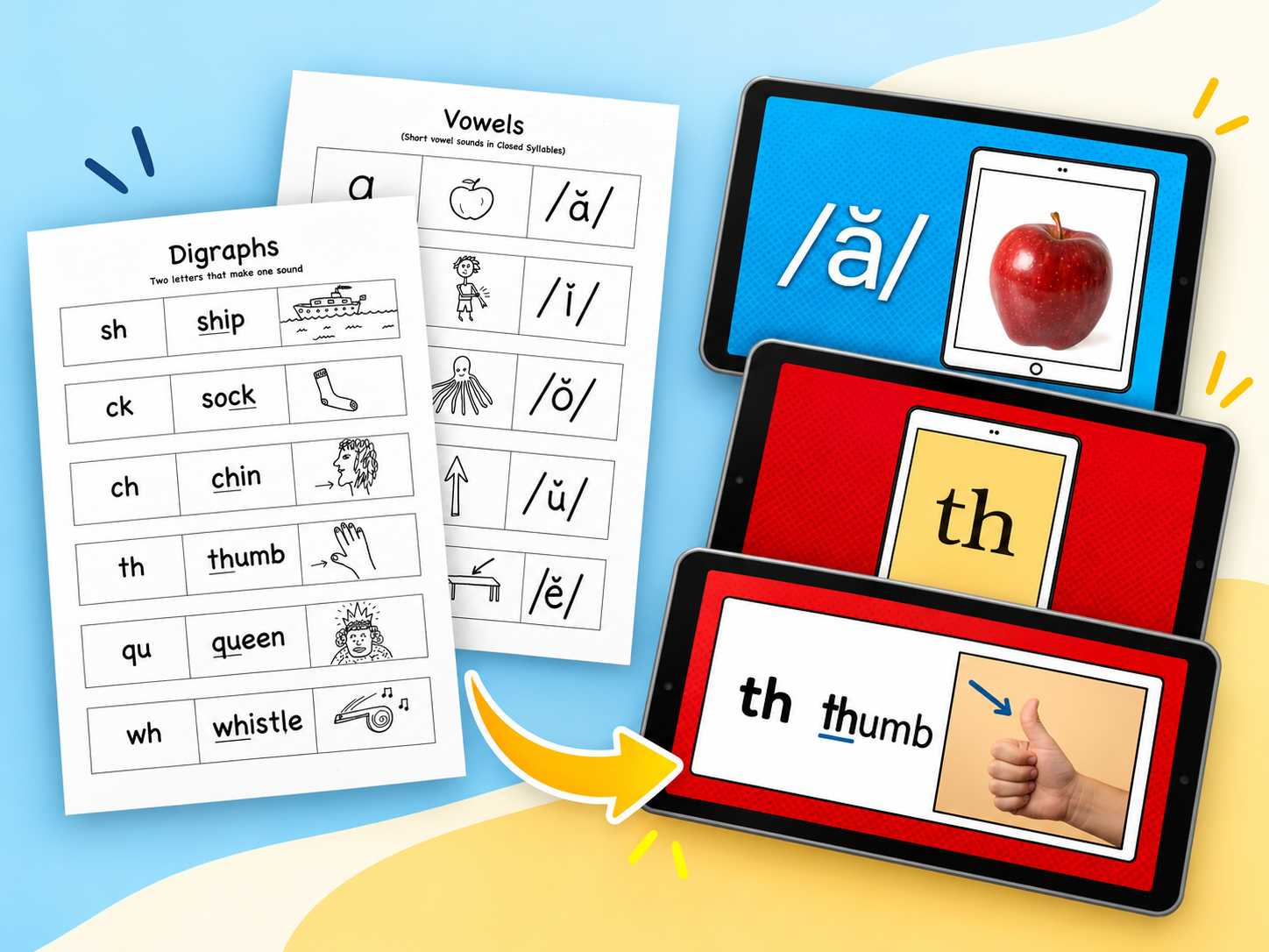 Examples of digitized literacy instructional materials, including phonics worksheets and interactive digital flashcards for volunteer tutors.