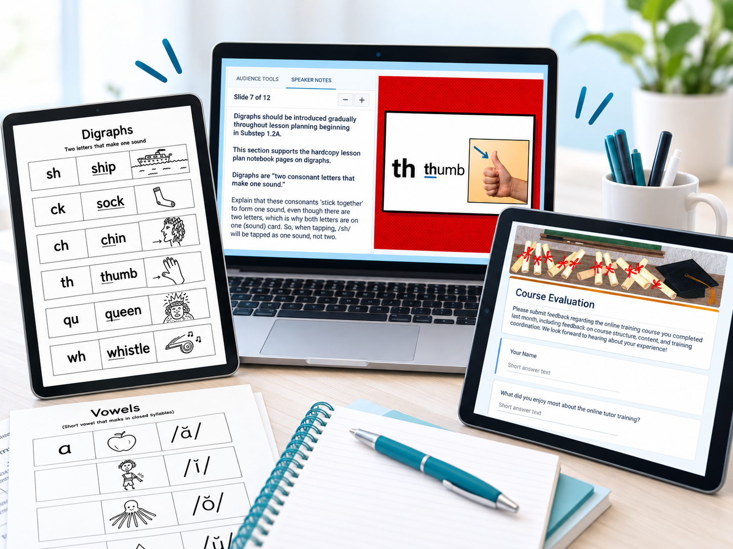 Examples of virtual literacy tutoring resources, including phonics worksheets, digital lesson materials, and an online course evaluation.