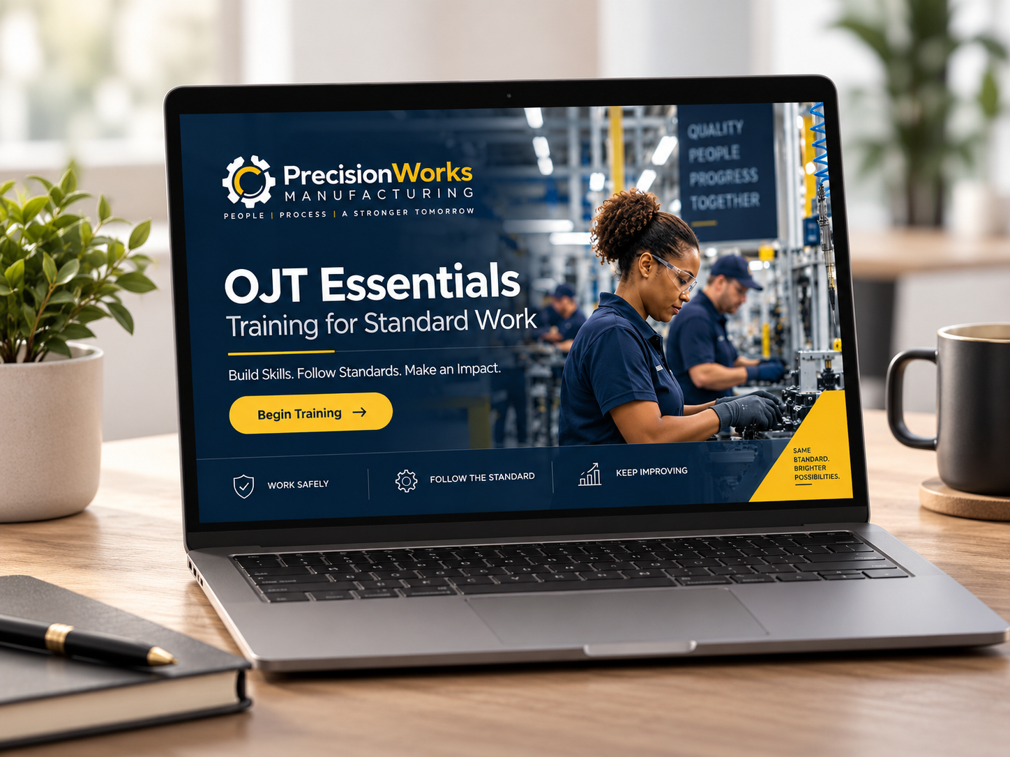 Laptop displaying the OJT Essentials: Training for Standard Work e-learning course, featuring a manufacturing workplace.