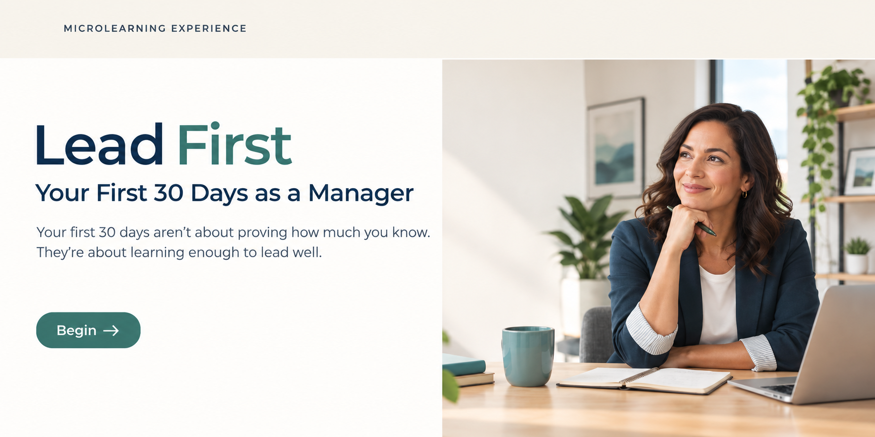 Lead First: Your First 30 Days as a Manager e-learning course cover, featuring a professional woman seated at a laptop.