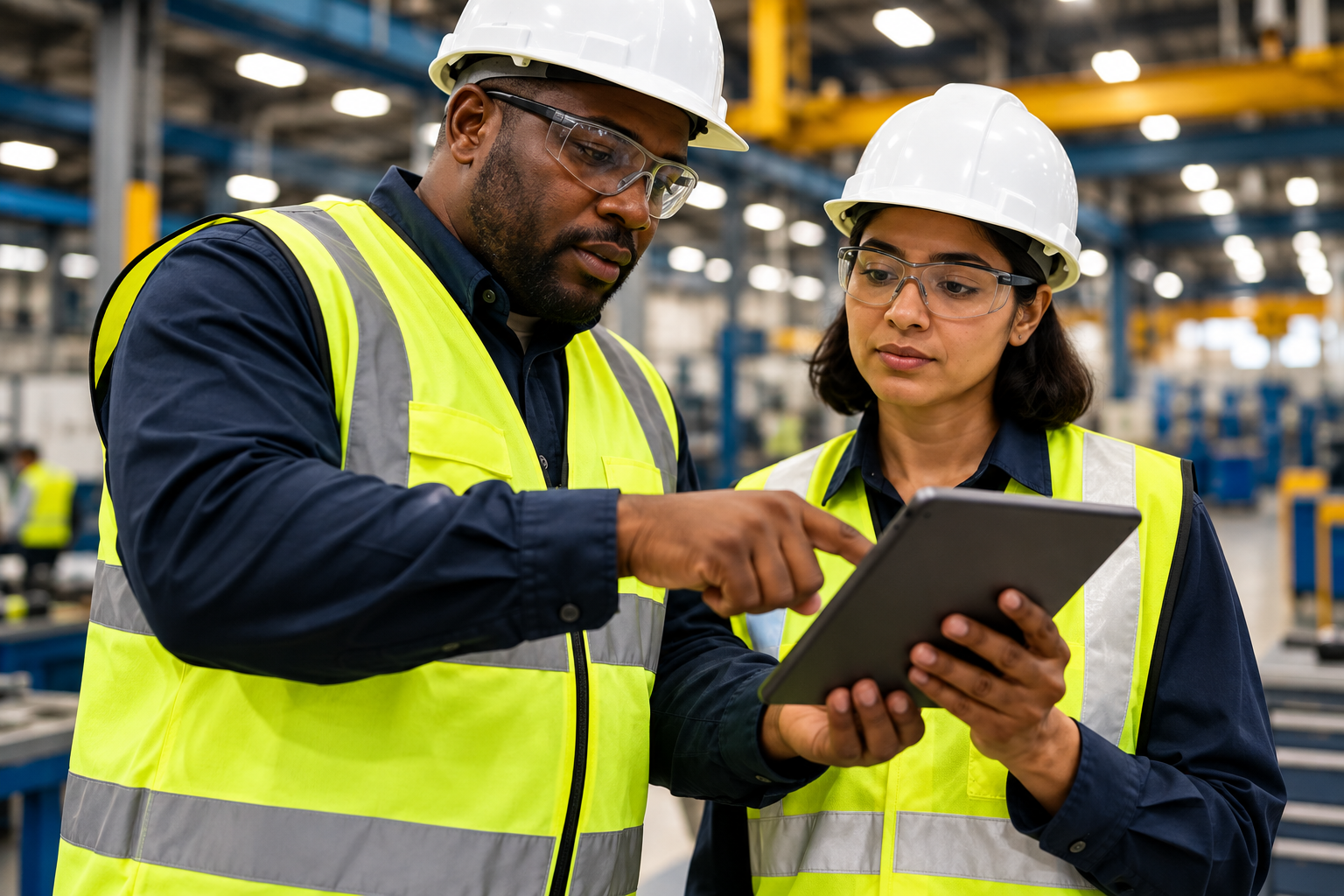 Two manufacturing employees wearing safety equipment reviewing information on a tablet in a production facility.