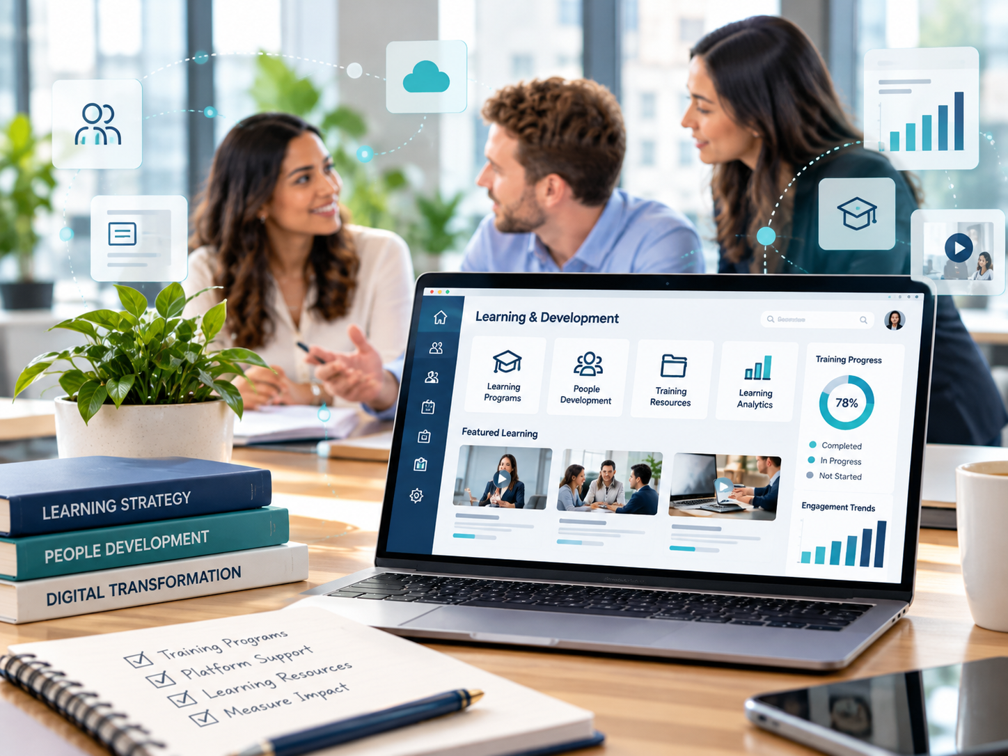 Illustrative image of professionals collaborating behind a laptop displaying a learning and development dashboard, with digital learning and analytics icons.