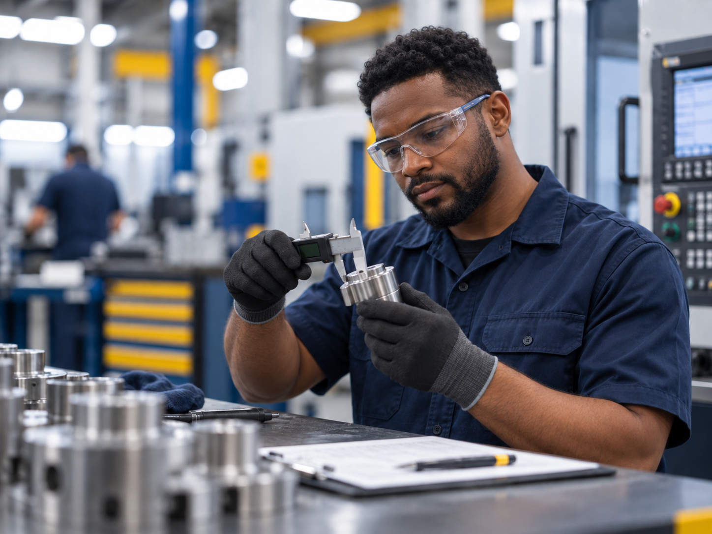 Manufacturing employee wearing safety glasses and protective gloves while measuring a metal component in an industrial workplace.