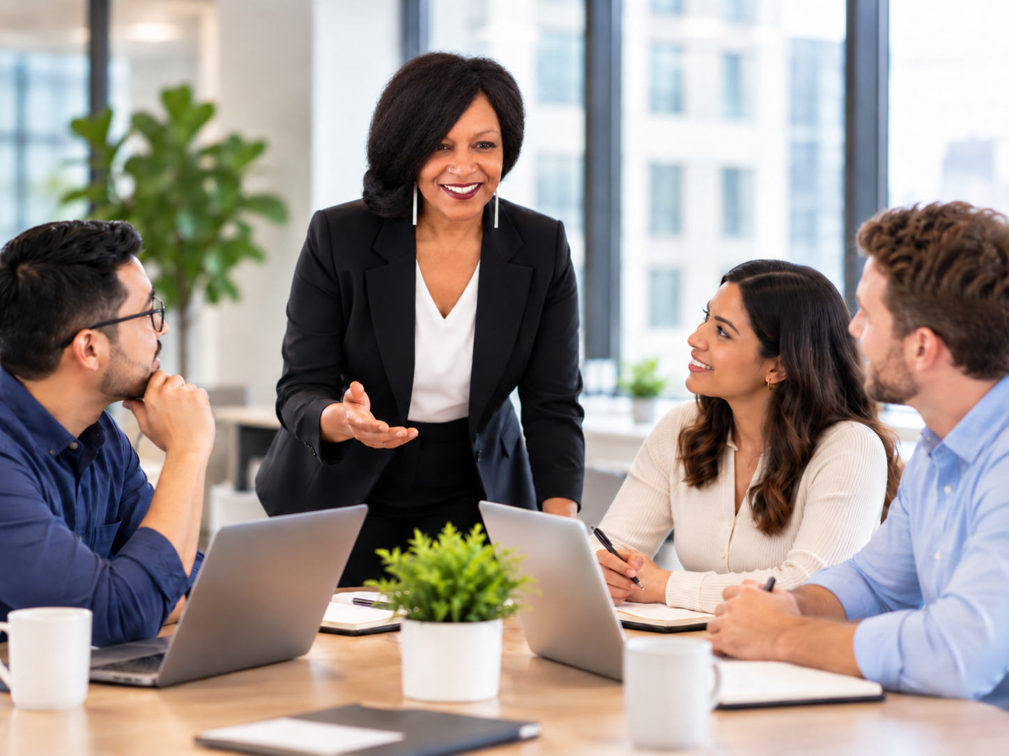 Illustrative image of a consultant leading a collaborative discussion with three colleagues around a conference table.