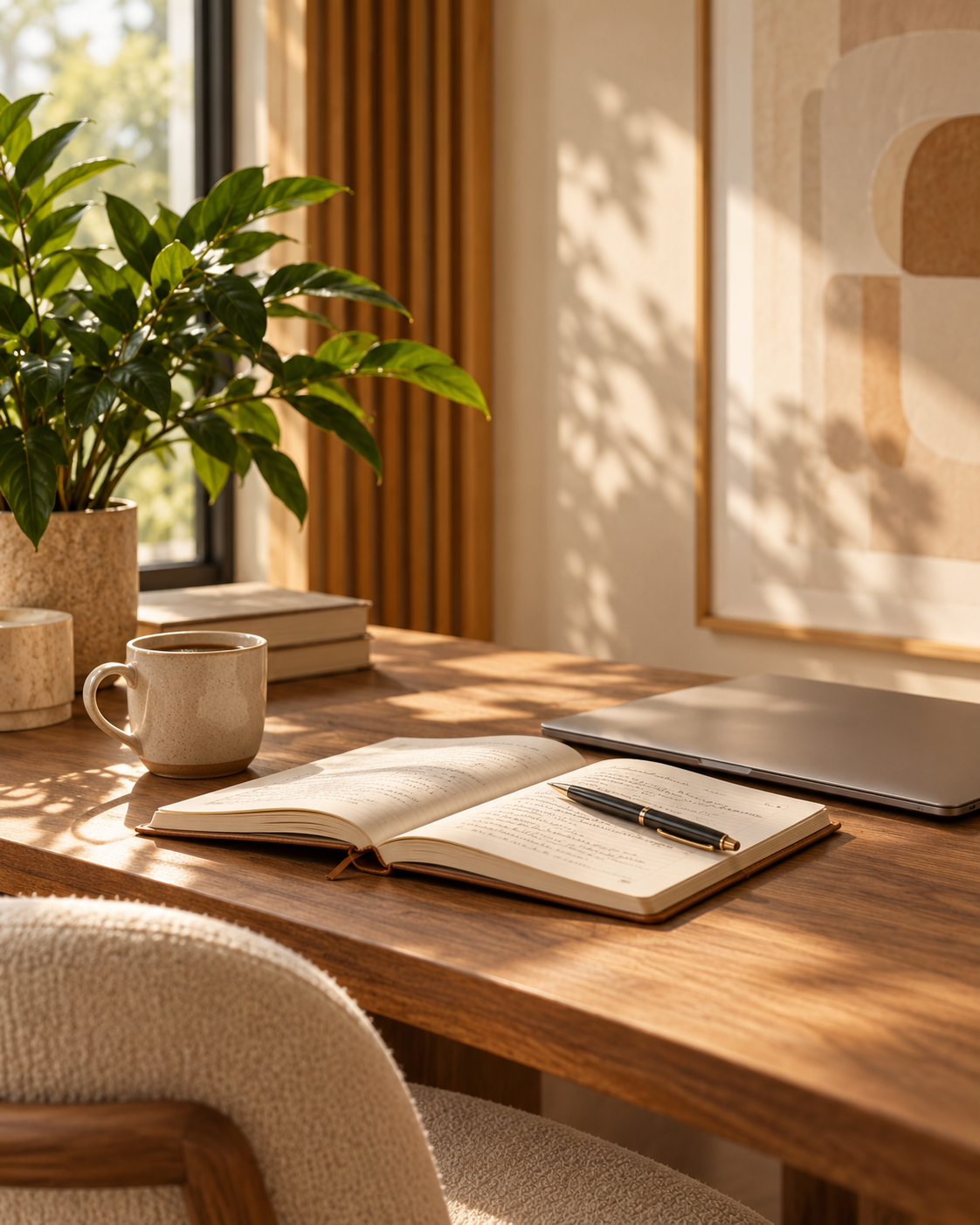 This is the photograph showing a sunlit workspace with a laptop, notebook, coffee, and plant.