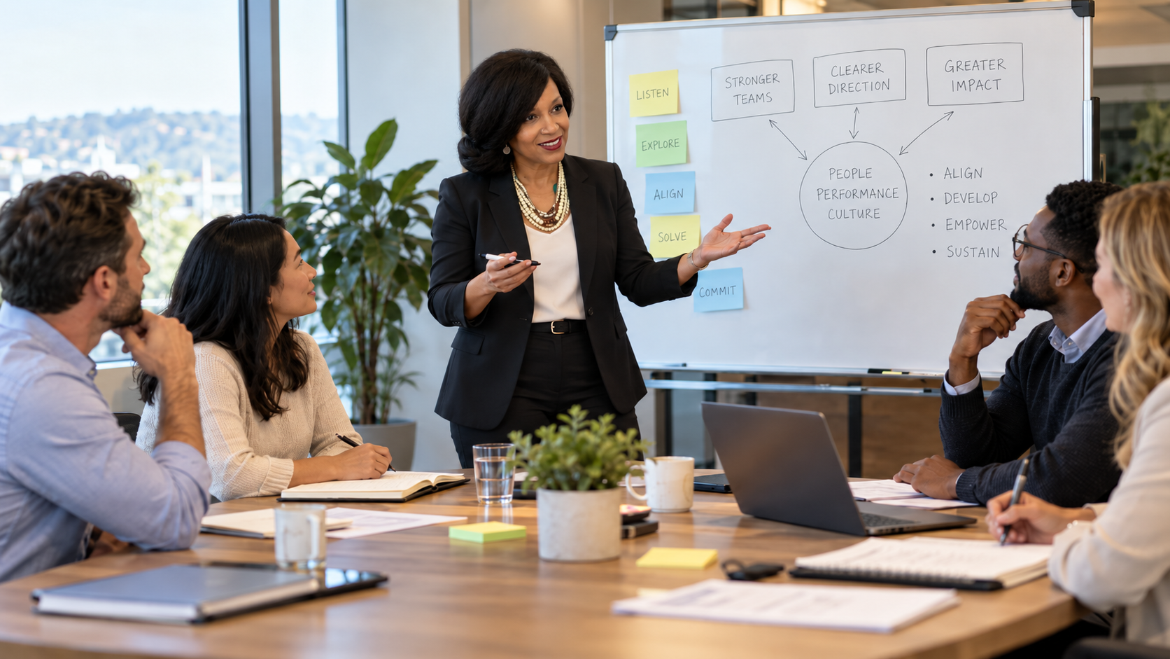 Illustrative image of a facilitator leading a team discussion at a whiteboard while colleagues collaborate around a conference table.