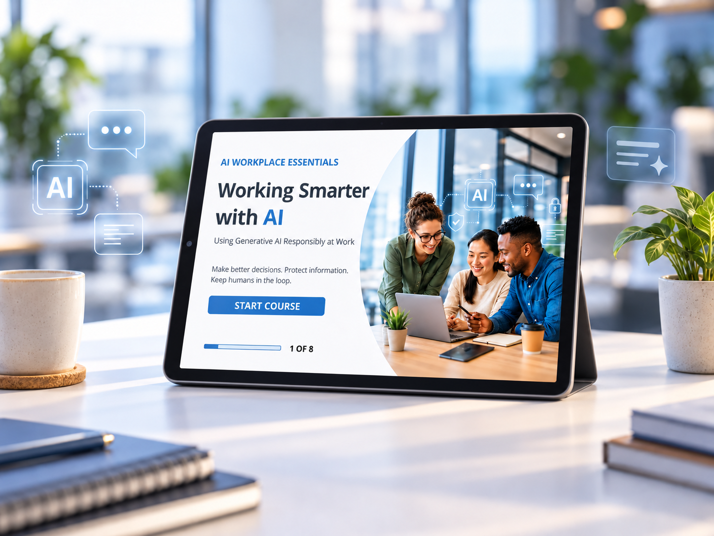 Tablet displaying the Working Smarter with AI interactive e-learning course, developed using Articulate Storyline 360.