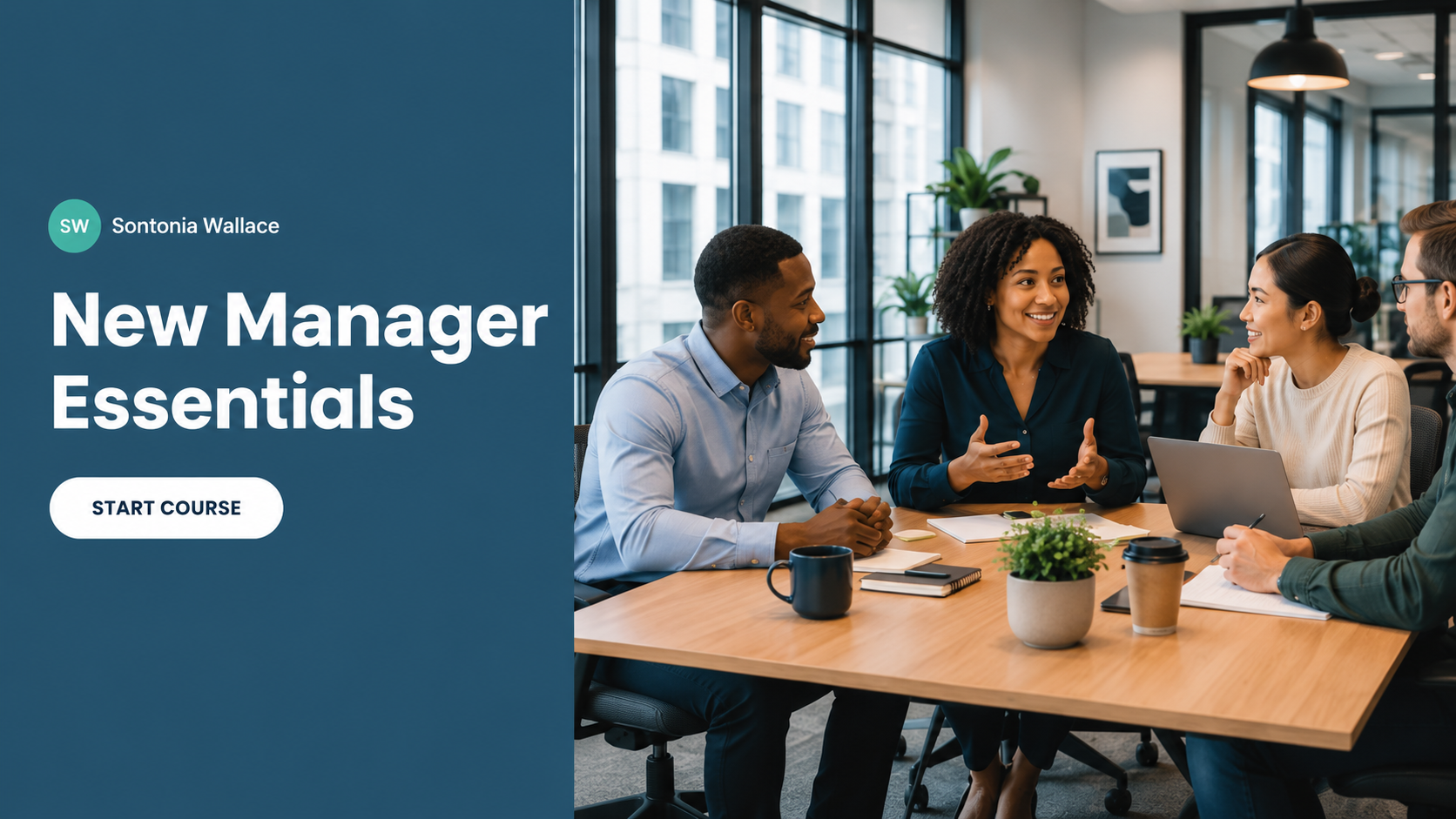New Manager Essentials e-learning course cover featuring a group of professionals collaborating in a workplace setting.