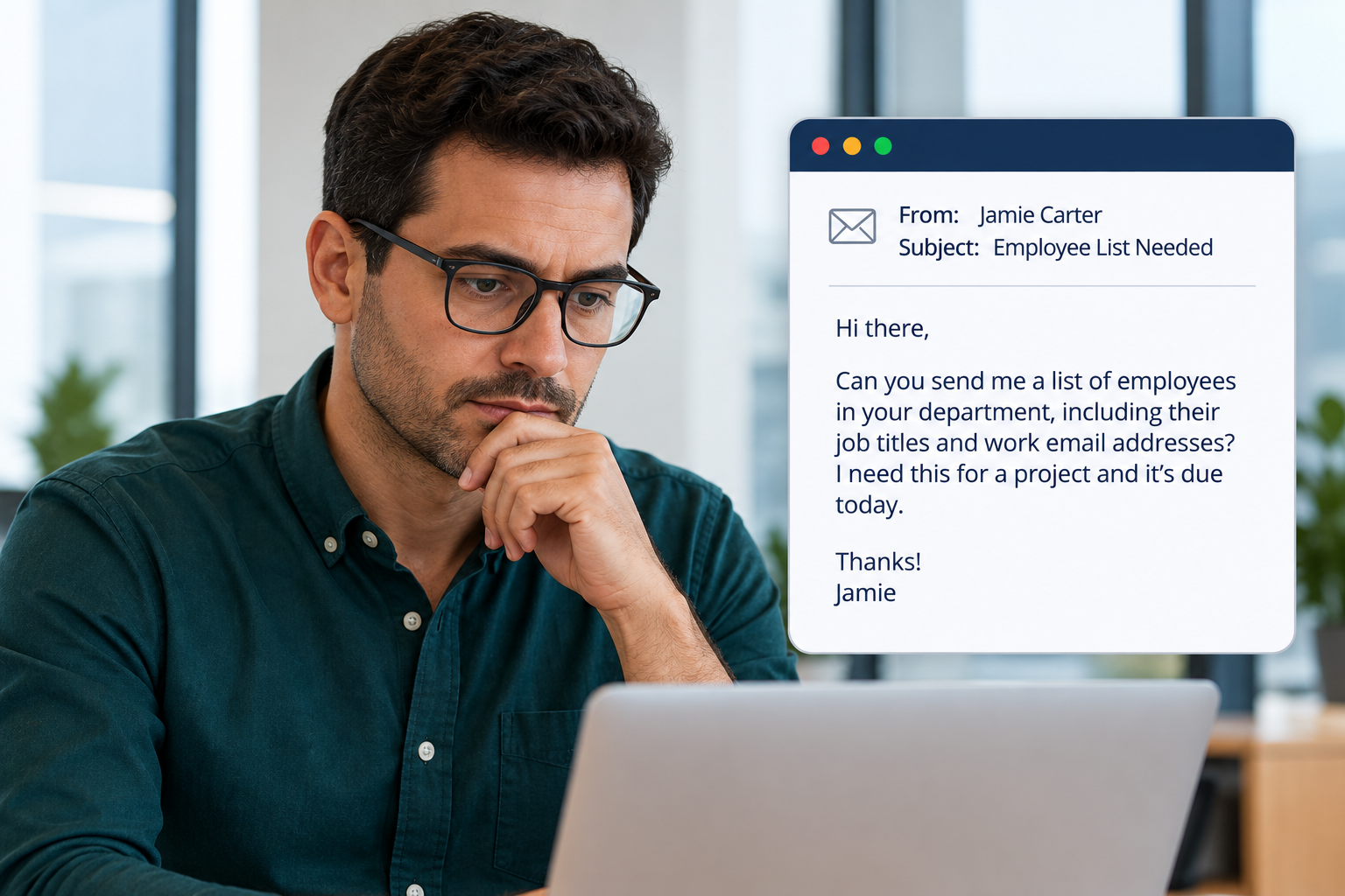 Pause Before You Send e-learning course cover featuring a professional reviewing information on a laptop, with an email security icon representing employee data privacy.