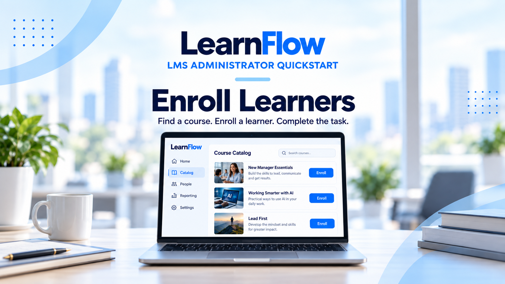 LearnFlow: Enroll Learners e-learning course cover showing a laptop displaying a simulated learning management system with course listings and enrollment buttons.