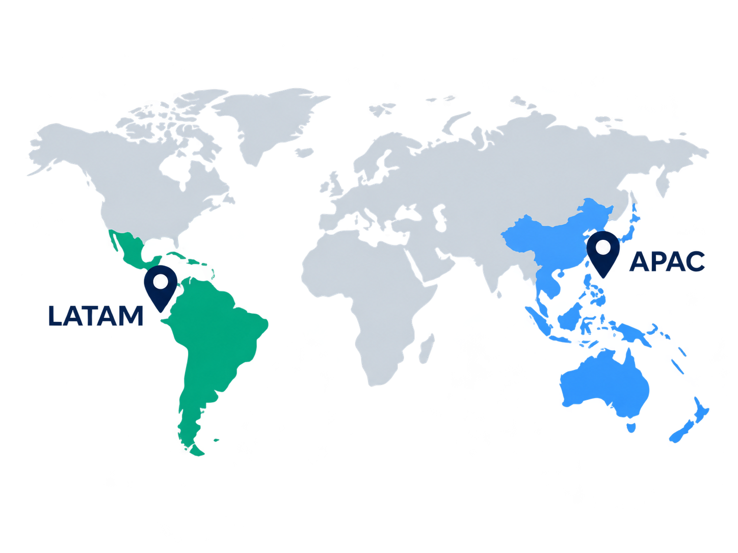 World map highlighting Asia-Pacific (APAC) and Latin America (LATAM), the regions supported during a learning operations assignment at Meta.