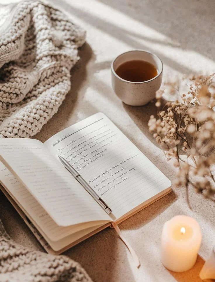 An open notebook with handwritten notes, a silver pen, a cup of tea or coffee, a lit candle, a cozy knit blanket, and dried flowers on a soft surface.