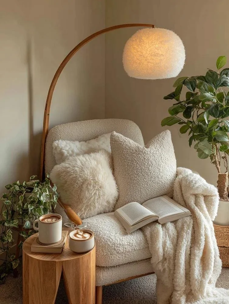 Cozy chair with soft pillows, open book, and plush blanket under a modern arched floor lamp, with potted plants and cups of coffee nearby.