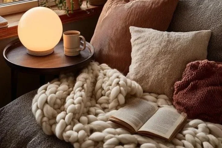 Cozy living room corner with a brown sofa, a chunky knit blanket, an open book, a beige pillow, a red blanket, a round side table with a glowing lamp, and a mug.